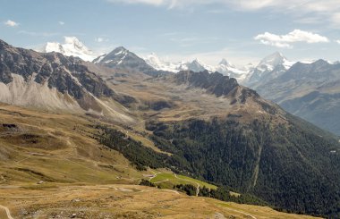Güneşli bir günde Saint Luc Vadisi'nde İsviçre Alpleri dağlarında.