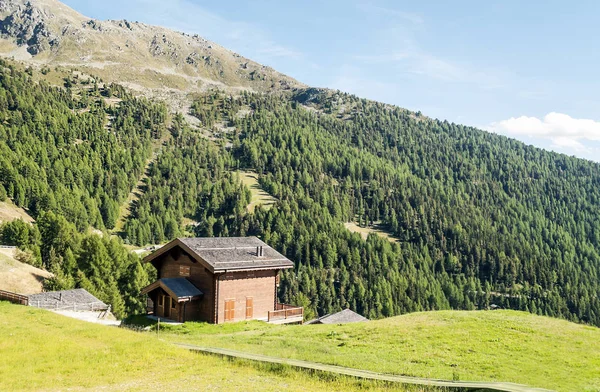 晴れた日にサン リュック バレーでスイス アルプスの牧草地の木造住宅 — ストック写真