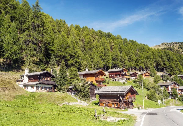 Wooden Houses Meadows Swiss Alps Saint Luc Valley Sunny Day — Stock Photo, Image