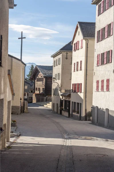 Calles Con Casas Madera Grimentz Suiza Día Soleado Municipio Independiente —  Fotos de Stock