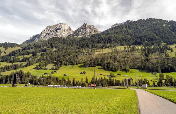 Ahşap kulübe ve güneşli bir çayır ile İsviçre Alpleri dağlarında.