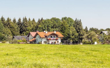 Köy Gosau Avusturya Alpleri güneşli bir günde, ahşap evleriyle.