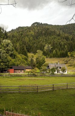 Bulutlu bir günde Avusturya Alpleri'nde kırsal köy