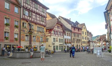 Stein am Rhein, Schaffhausen, İsviçre-Eylül 2015. Stein am Rhein bir komün ve tarihsel Swiss canton, Konstanz Gölü aşırı Batı kıyısında Doğu eksklav bulunan Schaffhausen, Kanton şehridir. 