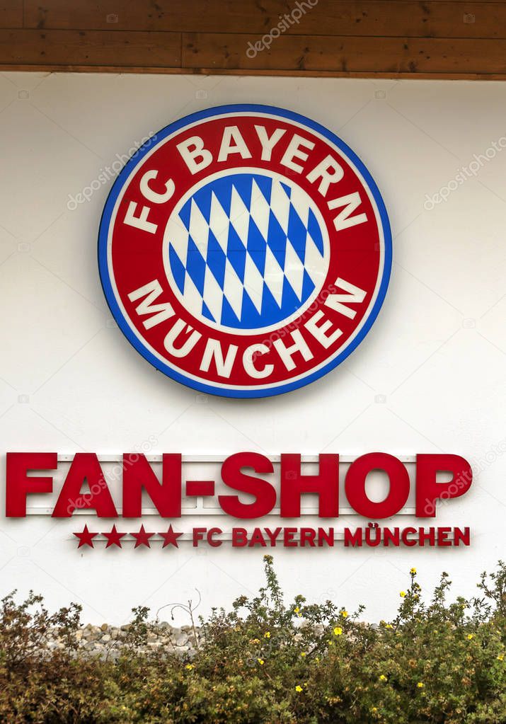 Munich, Germany-September 2015. Coat of arms of the fan shop of the football team Bayern of Munich.