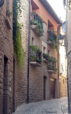 Olite tarihi merkezi güneşli bir günde sokaklarında. Olite bir yerleşim yeri ve bir İspanyol Navarre Foral topluluk şehridir. Merindad aynı adı taşıyan başkanıdır ve yargı partinin aynı toprakları ile karşılık 