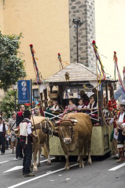La Orotava, Tenerife, İspanya-Haziran 2016. San Isidro Labrador, La Orotava hac. Festivalin Ulusal Turizm ilgi bildirilir ve Corpus Christi sonra kutlanmaktadır. On yedinci yüzyılda kökenli Hac, thr çalışır