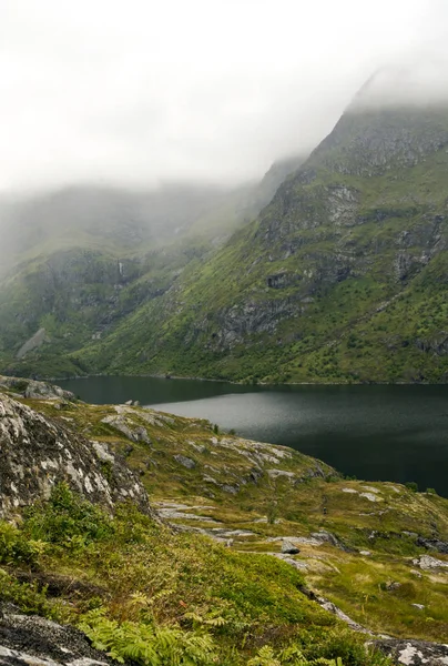 Berge Meer Auf Den Lofoten Norwegen Einem Bewölkten Tag — Stockfoto