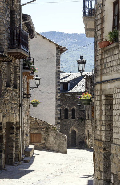 Streets of stone in Benasque, Spain on a sunny day.