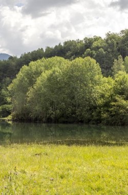 Güneşli bir günde İspanya Benasque Vadisi'nde Pyrenees nehirde.