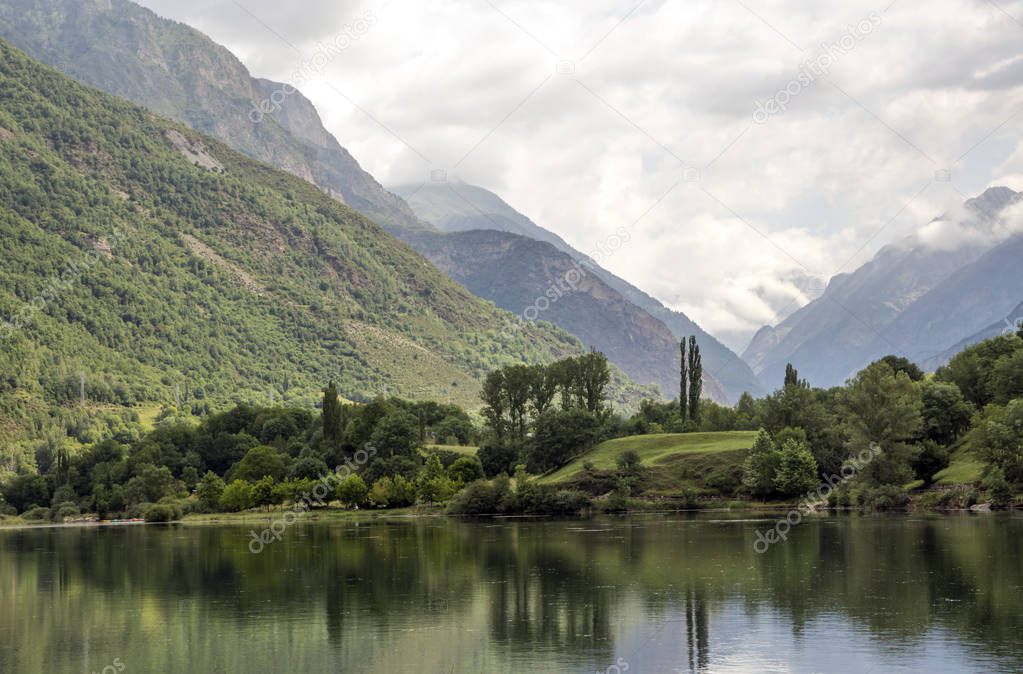 River in the Pyrenees in the Benasque valley in Spain on a sunny day.