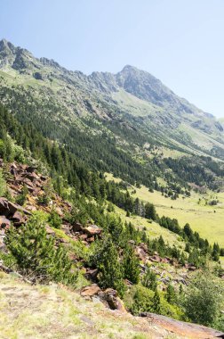 Güneşli bir günde İspanya 'nın Benasque vadisinde Pireneler Dağları.