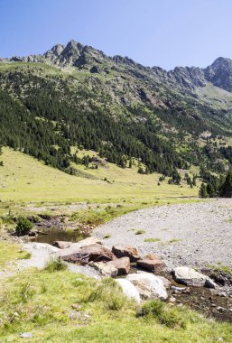 Güneşli bir günde İspanya 'nın Benasque vadisinde Pireneler Dağları.