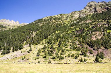 Güneşli bir günde İspanya 'nın Benasque vadisinde Pireneler Dağları.