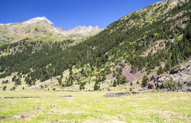 Güneşli bir günde İspanya 'nın Benasque vadisinde Pireneler Dağları.
