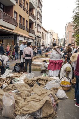 La Orotava, Kanarya Adaları, İspanya - Haziran 2018. Corpus Christi günde çiçek halı üzerinde kasabanın insanları.