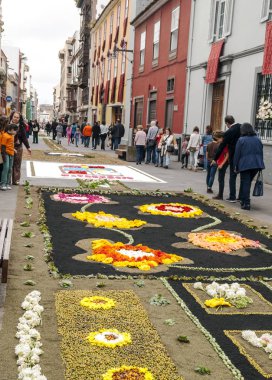 La Orotava, Kanarya Adaları, İspanya - Haziran 2018. Corpus Christi günde çiçek halı üzerinde kasabanın insanları.