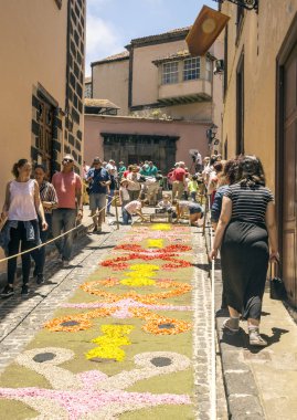 La Orotava Kanarya Adası İspanya - Haziran 2018. Corpus Christi günde çiçek halı üzerinde kasabanın insanları.