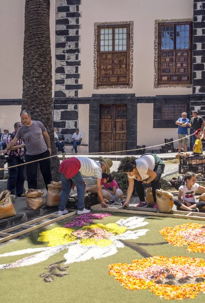 オロタバ カナリア島スペイン 2018 花のカーペットのコーパス クリスティの日に取り組んでいる町の人々 — ストック写真