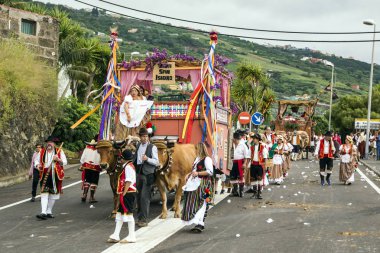 La Orotava, Tenerife, İspanya-Haziran 2018. San Isidro Labrador, La Orotava hac. Festivalin Ulusal Turizm ilgi olarak bildirilmiş ve Corpus Christi sonra kutladı. 