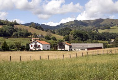 Bulutlu bir günde İspanya Navarra Pyrenees dağlarda alanları ile orman evi.