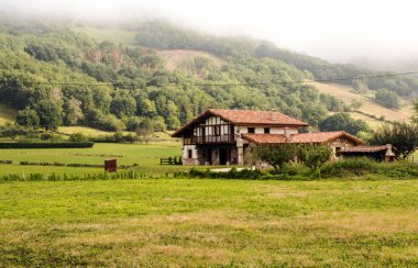 Bulutlu bir günde İspanya Navarra Pyrenees dağlarda alanları ile orman evi.