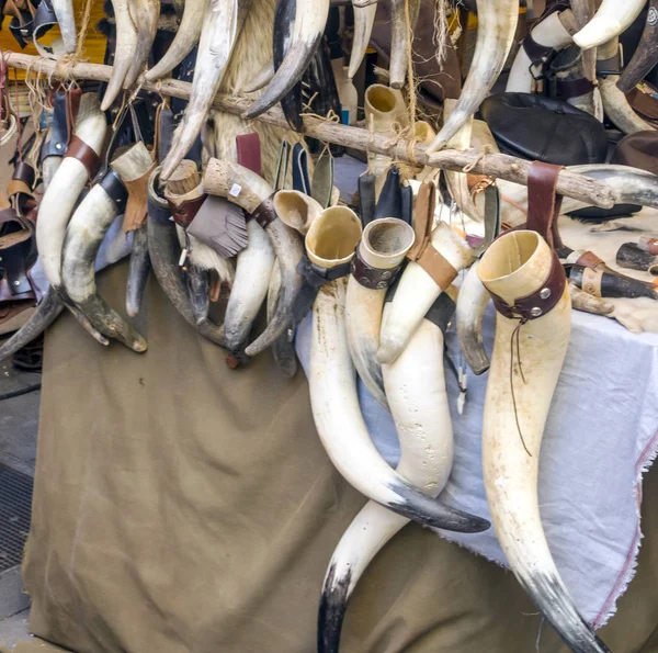 Horns to sell in a medieval market in Pamplona, Spain.