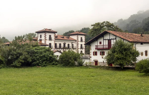 Casa Nella Foresta Con Campi Nelle Montagne Dei Pirenei Della — Foto Stock