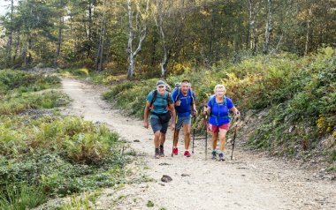 San Sebastian, İspanya-Eylül 2018. Hacılar santiago camino güneşli bir günde İspanyol Bask Ülkesi Dağları sırtlarında sırt çantaları ile. 