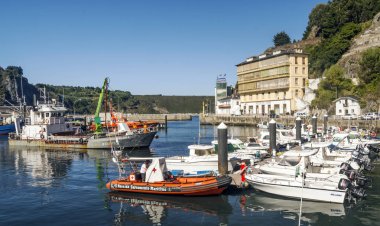 Luarca, Spain-Septemeber 2018. Harbour in a pretty village in Asturias in a sunny day. You can see the boats in the sea