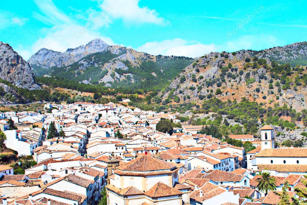 Aerial view of Grazalema in Cadiz with the mountains in the back
