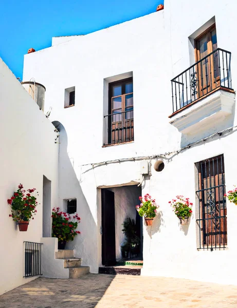 Calle cercana con casas blancas decoradas con macetas — Foto de Stock