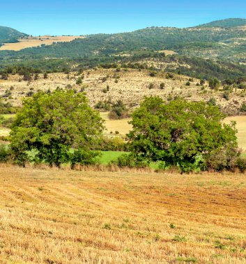 Bulutlu bir günde Pireneler 'in dağlarında taş evler olan bir köy.