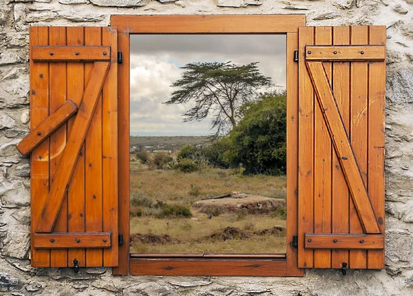 Kenya Nın Bulutlu Bir Günde Manzarası Ahşap Bir Pencerede Toplanmış — Stok fotoğraf