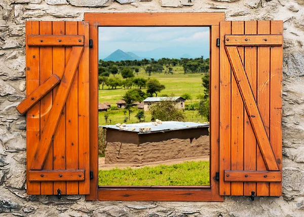 Jirafas Sabana Tanzania Día Soleado Punto Vista Desde Ventana —  Fotos de Stock