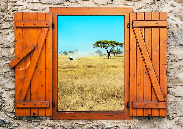 Paisaje Tanzania Día Nublado Punto Competir Desde Una Ventana Madera —  Fotos de Stock