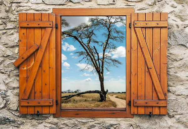 Paisaje Tanzania Día Nublado Punto Competir Desde Una Ventana Madera —  Fotos de Stock