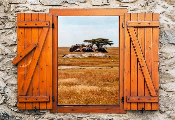 Paisaje Tanzania Día Nublado Punto Competir Desde Una Ventana Madera —  Fotos de Stock