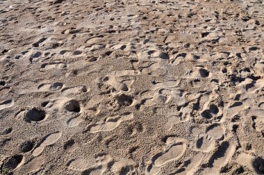 ayak izleri ve bol ışık akşam içinde kumlu plaj