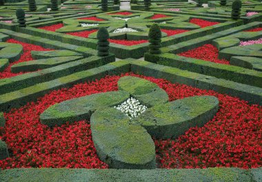 Rönesans bahçede resmi Kalesi Villandry Loire Valley Fransa ile kesme hedges ve kırmızı ve beyaz çiçekler