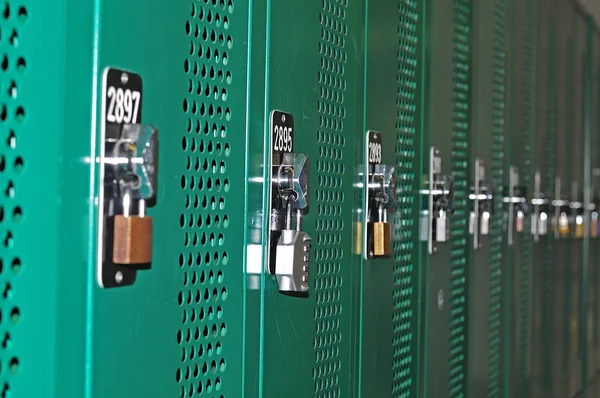 row of padlocks at green metal locker
