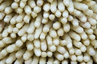 bir pazar tezgahında taze beyaz kuşkonmaz yığını