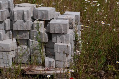 Marguerite papatyalarıyla birlikte inşaat alanının yanında çimento blokları var.