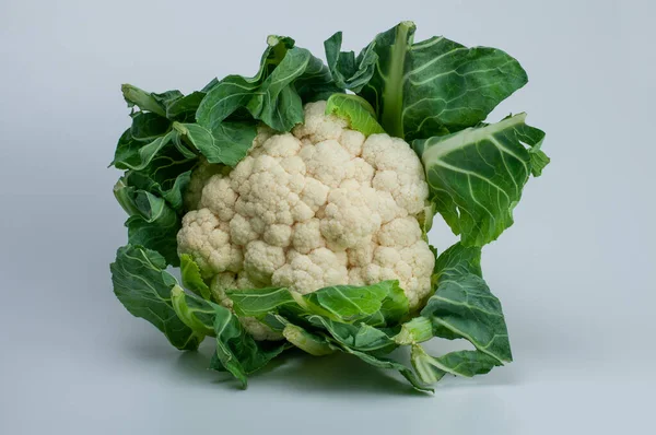 a single white cauliflower with green leaves, a vegetable of the cabbage family