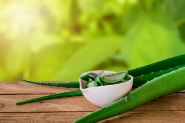 Taze aloe vera cilt bakımı ve saç bakımı için çok kullanışlı bir bitkisel ilaç. İnce dilimler ve yapraklar halinde mevcut, doğa arka planı..