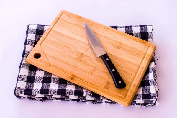Bamboo Cutting Board Fabric Knife Top Wood Cutting Board Isolated — Stock Photo, Image