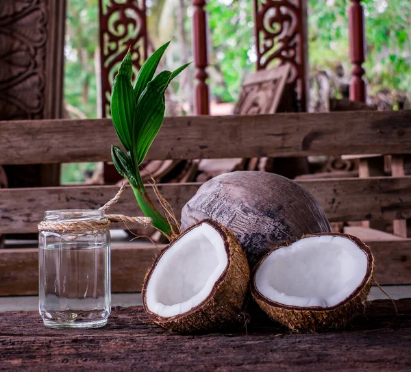 Coco Com Metade Coco Brotando Óleo Coco Óleo Coco Uma — Fotografia de Stock