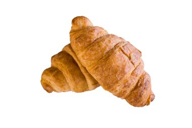 İzole edilmiş Top View yeni kruvasan beyaz arka planda kırpma yolu ile. Kahvaltı için uygun bir Fransız pastası türüdür. Dünya çapında bir pastaneden alınabilir..
