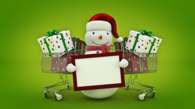 Kardan adam santa şapka ve alışveriş sepeti