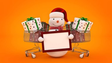 Kardan adam santa şapka ve alışveriş sepeti